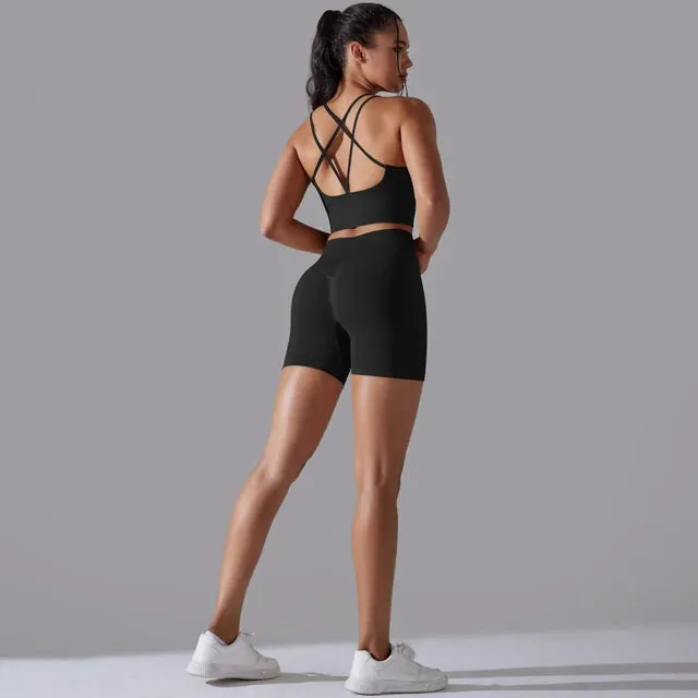 Seamless Yoga Set for Women - Scrunch High Waist Leggings and Push Up Strappy Sports Bra