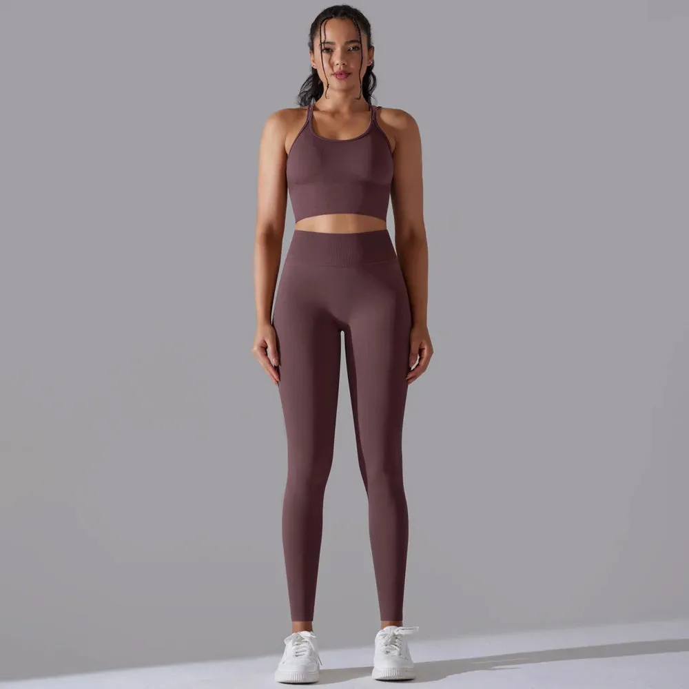 Seamless Yoga Set for Women - Scrunch High Waist Leggings and Push Up Strappy Sports Bra