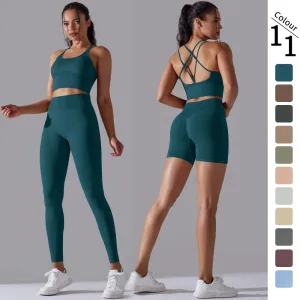 Seamless Yoga Set for Women - Scrunch High Waist Leggings and Push Up Strappy Sports Bra