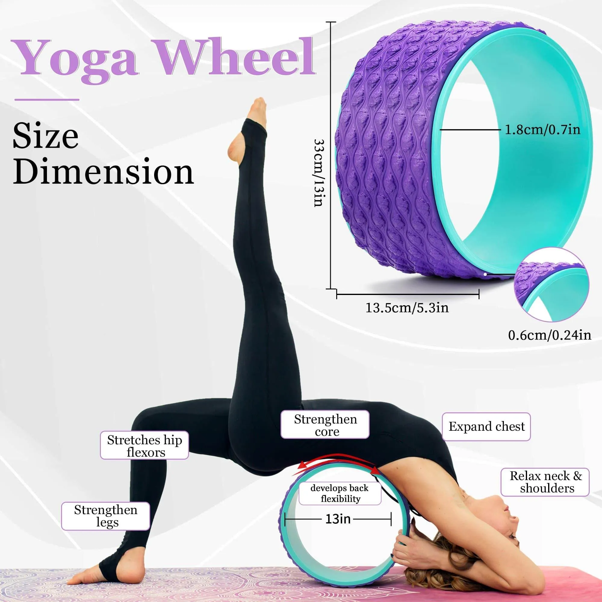 THYWD Yoga Wheel 12 in 1 Set with Back Cracker Roller for Pain Relief & Deep Tissue Massage Yoga Blocks 2 Pack with Yoga Ring, Yoga Accessory for Stretching Equipment, Yoga Starter Kit for Beginner