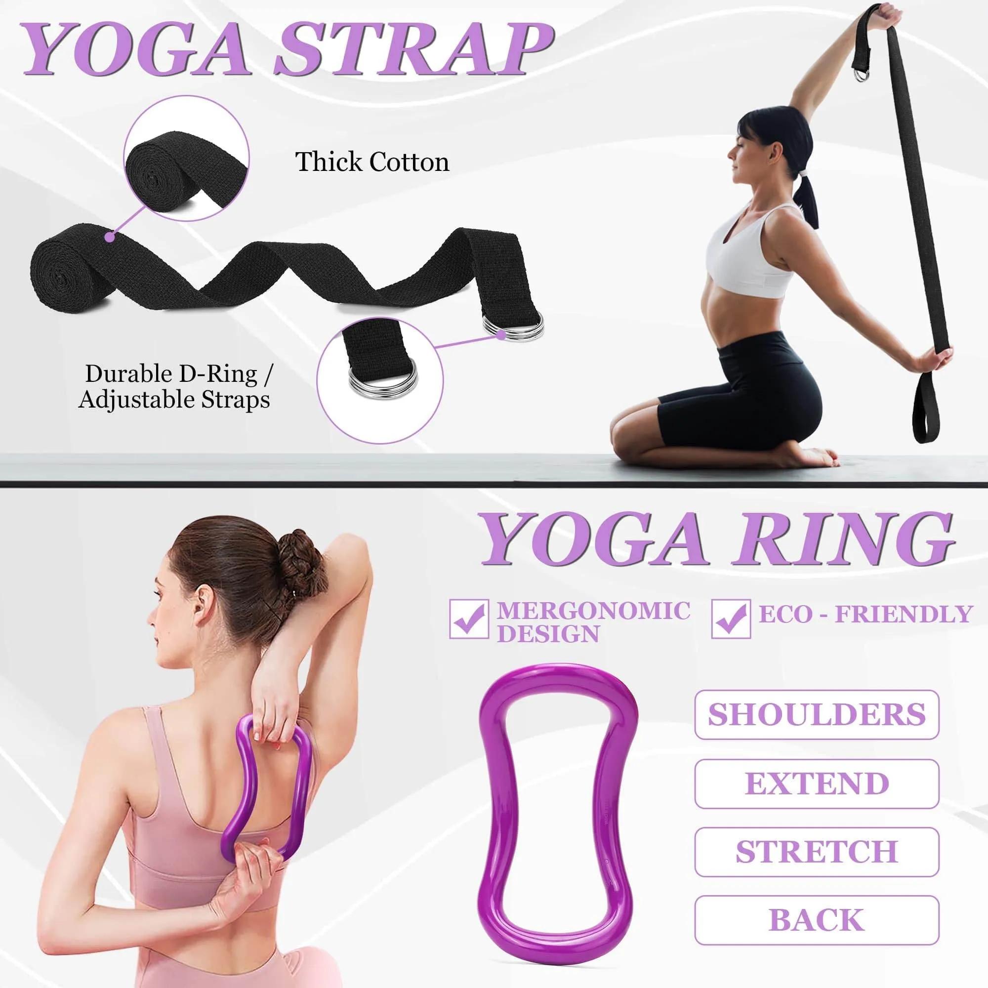 THYWD Yoga Wheel 12 in 1 Set with Back Cracker Roller for Pain Relief & Deep Tissue Massage Yoga Blocks 2 Pack with Yoga Ring, Yoga Accessory for Stretching Equipment, Yoga Starter Kit for Beginner