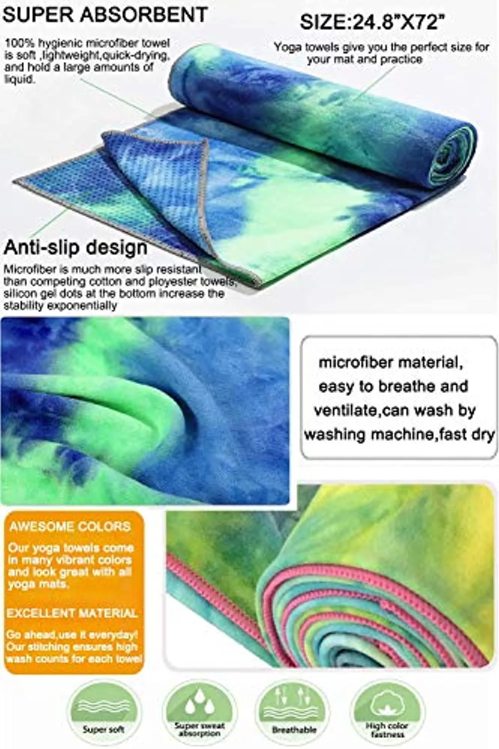 Toalla de secado rápido, antideslizante, 72 x 24.8 pulgadas, Tapete de yoga, supersuave, absorbente del sudor, antideslizante, para yoga caliente, tamaño perfecto para ejercicios de yoga, ideal para yoga caliente y pilates