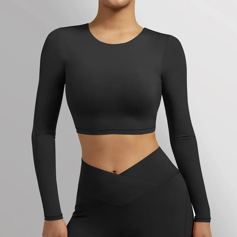 Women's Plus Size Long Sleeve Yoga Shirt - Sexy Open Back Crop Top Bra - Shockproof Fitness Running Gym Clothing