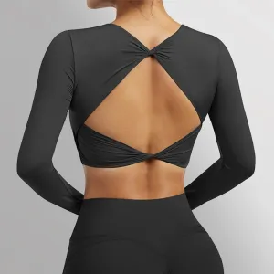 Women's Plus Size Long Sleeve Yoga Shirt - Sexy Open Back Crop Top Bra - Shockproof Fitness Running Gym Clothing
