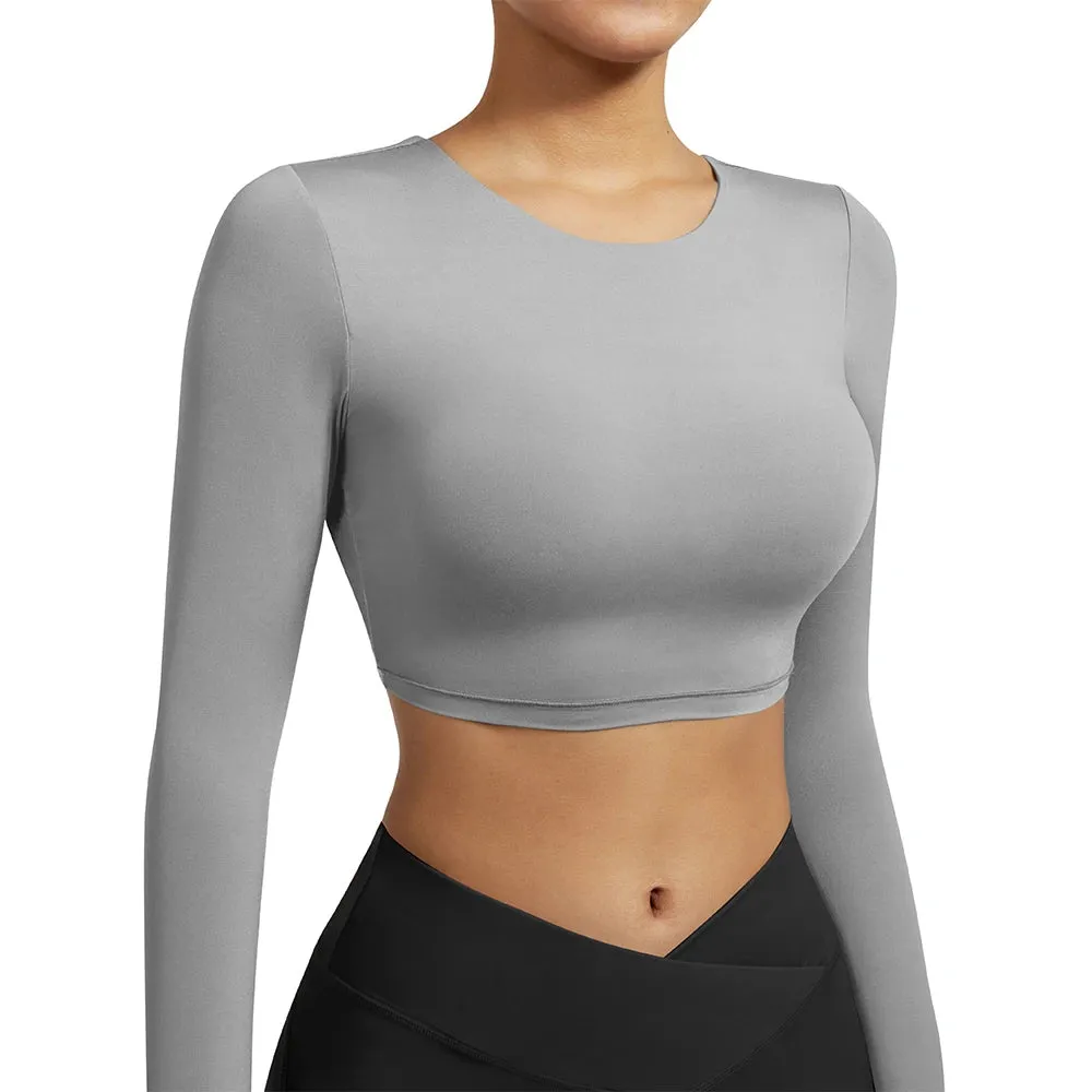 Women's Plus Size Long Sleeve Yoga Shirt - Sexy Open Back Crop Top Bra - Shockproof Fitness Running Gym Clothing