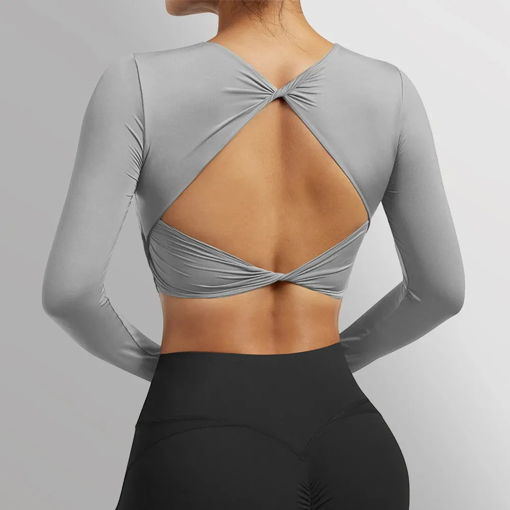 Women's Plus Size Long Sleeve Yoga Shirt - Sexy Open Back Crop Top Bra - Shockproof Fitness Running Gym Clothing