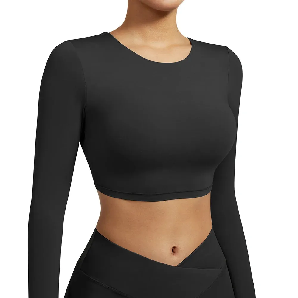 Women's Plus Size Long Sleeve Yoga Shirt - Sexy Open Back Crop Top Bra - Shockproof Fitness Running Gym Clothing