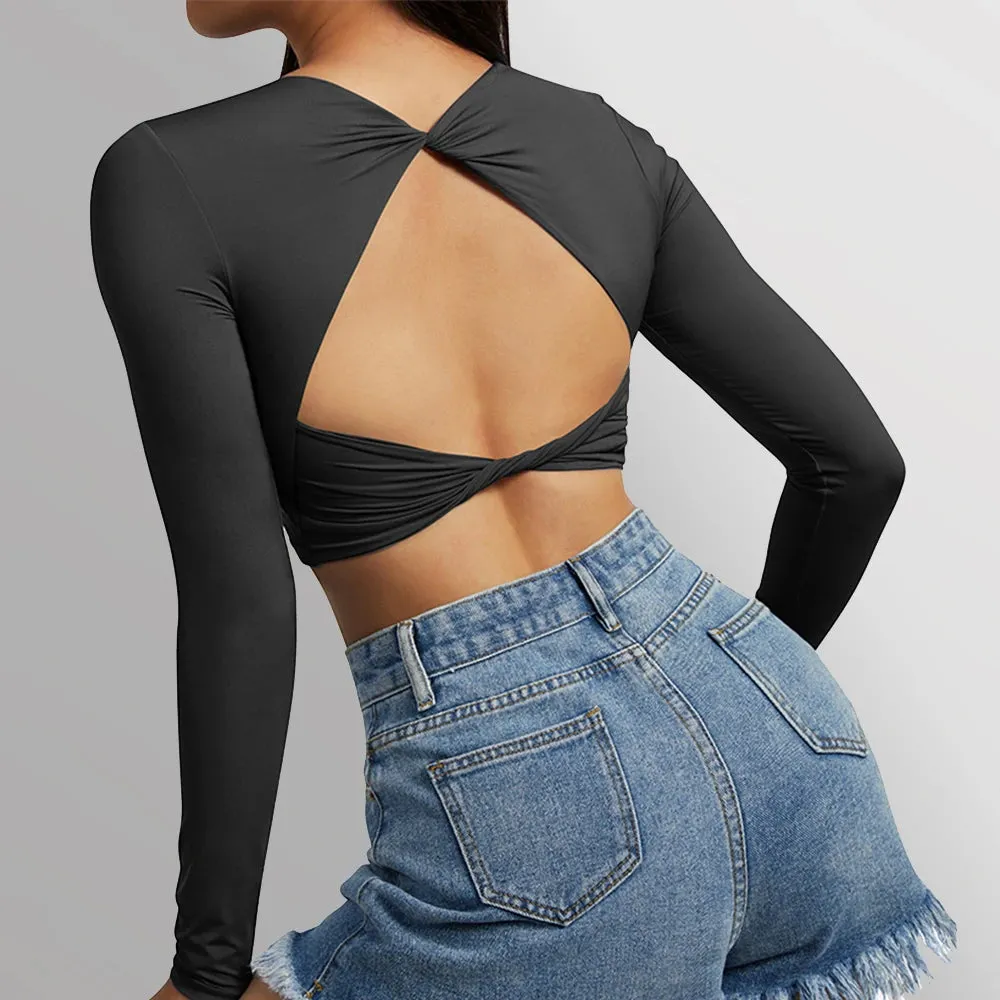 Women's Plus Size Long Sleeve Yoga Shirt - Sexy Open Back Crop Top Bra - Shockproof Fitness Running Gym Clothing