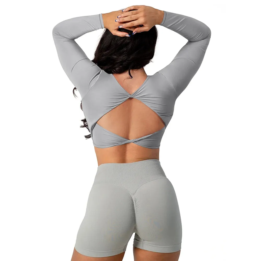 Women's Plus Size Long Sleeve Yoga Shirt - Sexy Open Back Crop Top Bra - Shockproof Fitness Running Gym Clothing