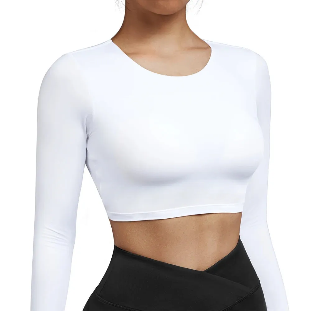 Women's Plus Size Long Sleeve Yoga Shirt - Sexy Open Back Crop Top Bra - Shockproof Fitness Running Gym Clothing