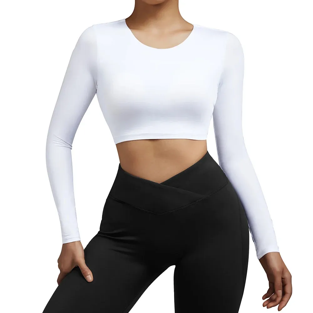 Women's Plus Size Long Sleeve Yoga Shirt - Sexy Open Back Crop Top Bra - Shockproof Fitness Running Gym Clothing