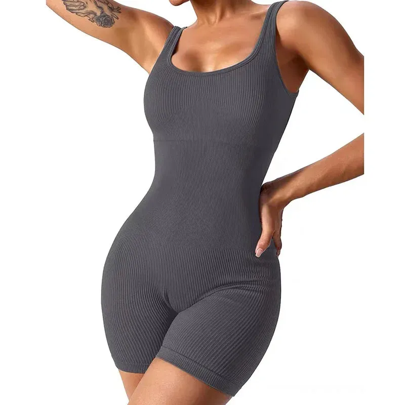 Women's Seamless Ribbed Yoga Romper: Fashionable Tummy Control