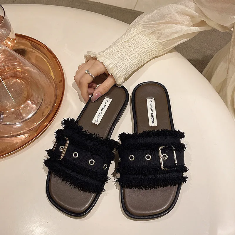 XIEYINSHE  Foreign Trade Sandals Women's Summer Wear  New Super Hot Belt Buckle Flat Non-Slip Seaside Beach Shoes
