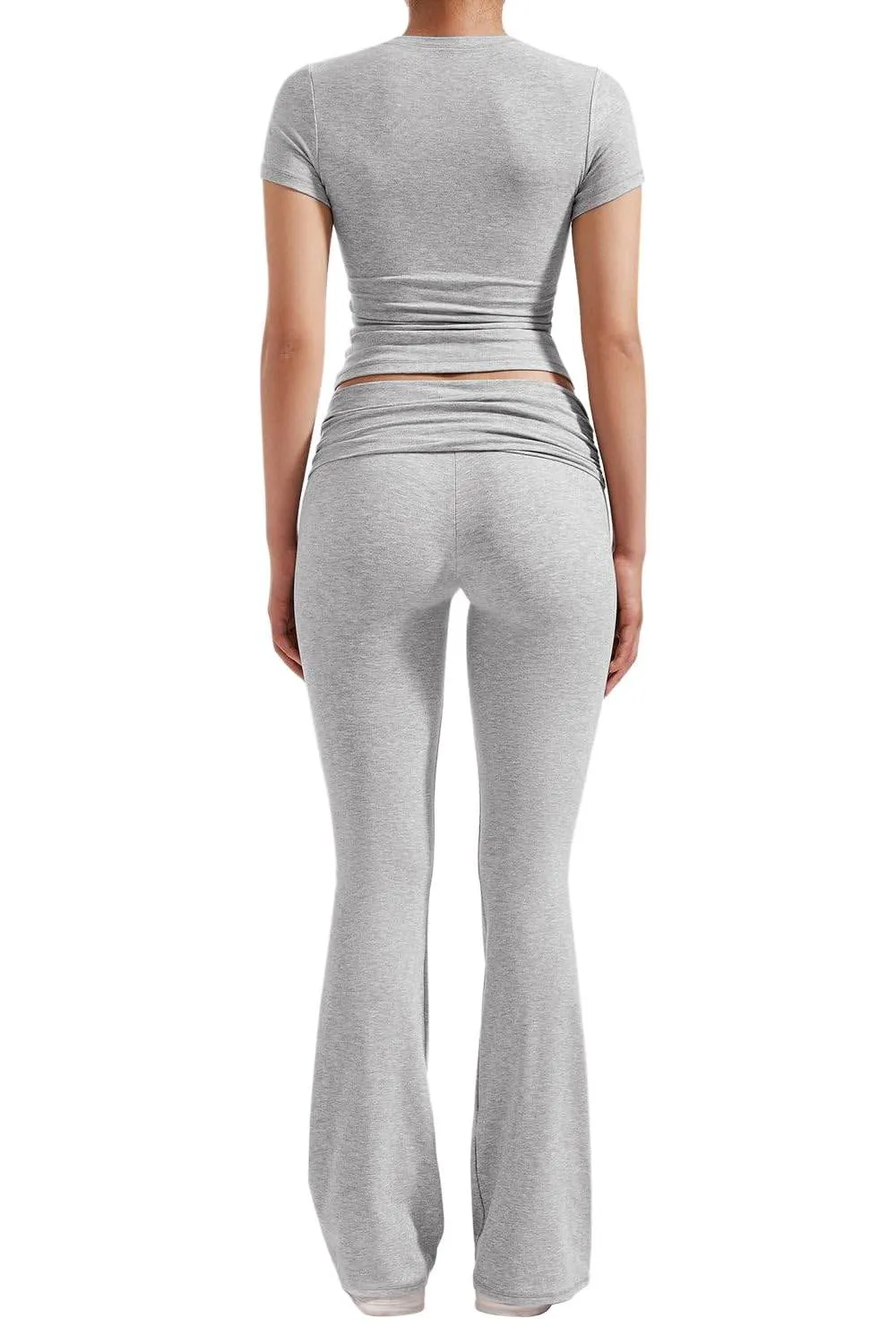 YETOWA Women's 2 Piece Lounge Outfits with Slim Short Sleeve Tops and Low Rise Flare Leggings Sets Versatile Yoga Fall Sweatsuit