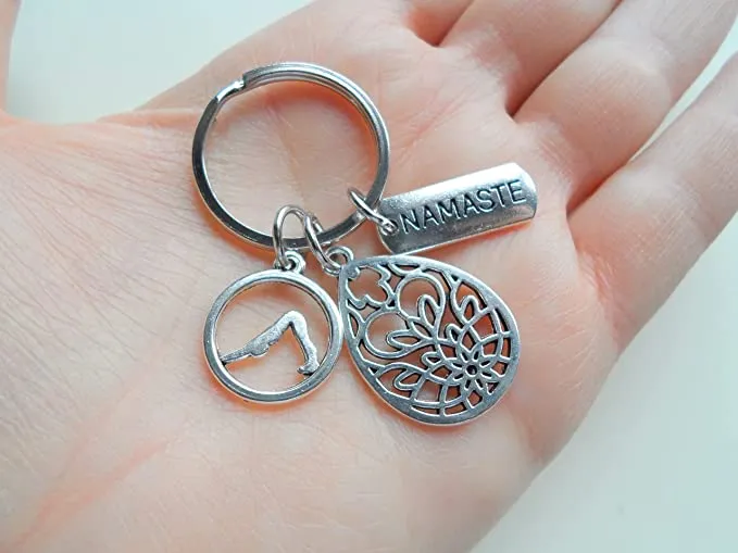 Yoga Keychain, Namaste Tag Charm, Teardrop Lotus Flower Charm, and Downward Dog Pose Charm