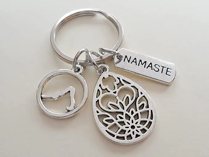 Yoga Keychain, Namaste Tag Charm, Teardrop Lotus Flower Charm, and Downward Dog Pose Charm