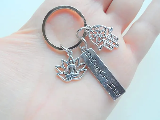 Yoga Teacher or Student Keychain, Breathe Tag Charm, Hamsa Hand Charm & Yoga Lotus Pose Charm